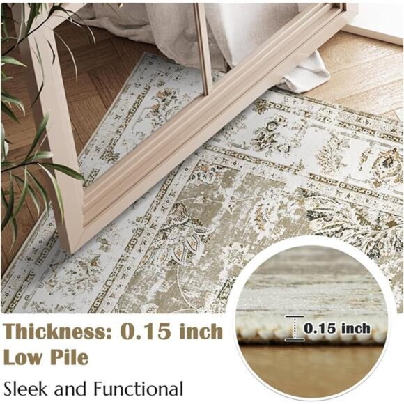 Washable Area Rug 3x5 Low Pile - Entryway Rug Boho Taupe Floral Print Rug - Picture 3 of 7